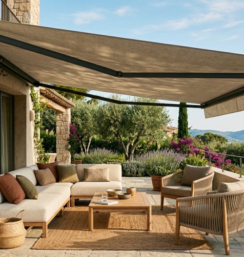 Hospitality-style outdoor dining area with weather screening