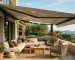 Hospitality-style outdoor dining area with weather screening