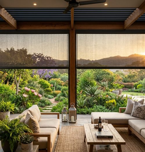 Outdoor blinds enclosing a covered patio entertainment area