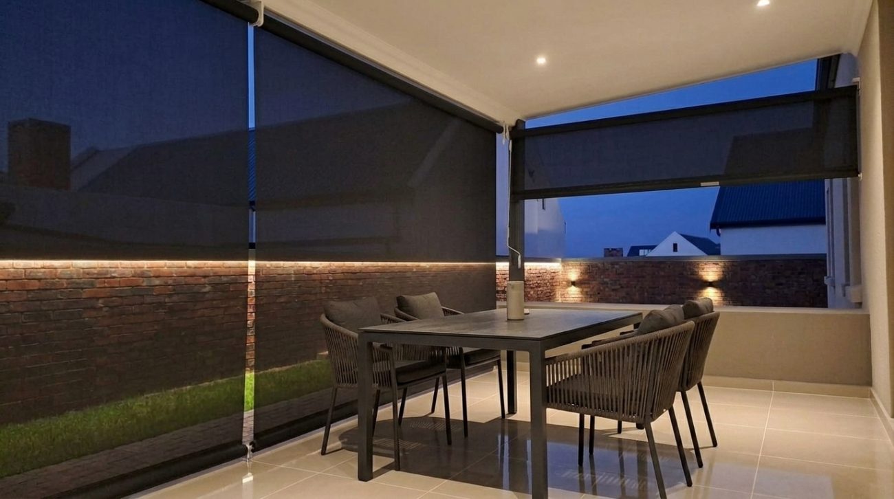 Outdoor blinds shading a furnished South African patio