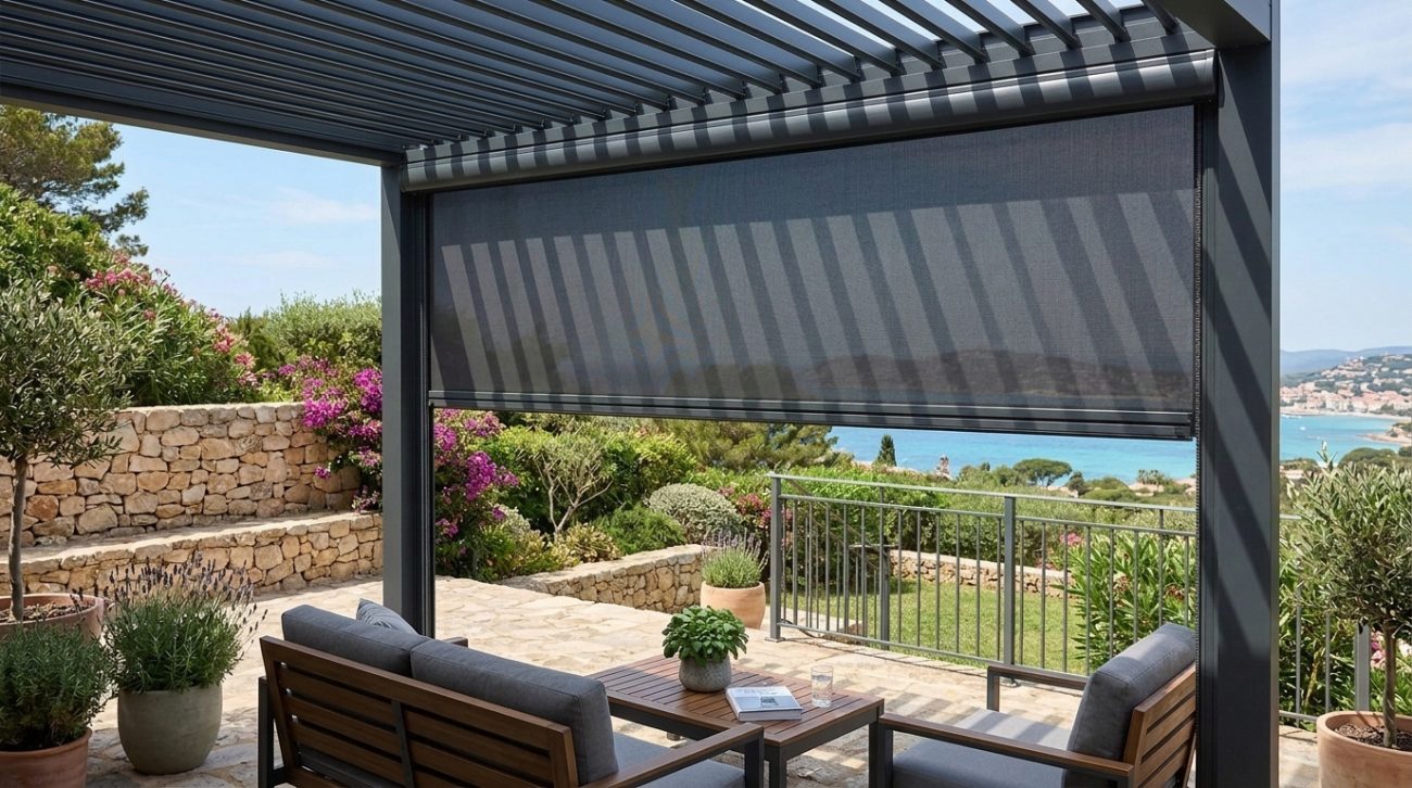 Modern covered patio with guided outdoor screening