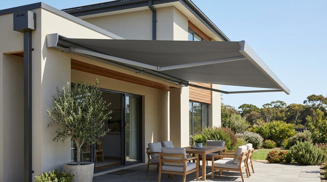 Retractable fold-arm awning shading an outdoor patio