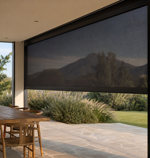 Guided outdoor blinds fitted to a covered South African patio