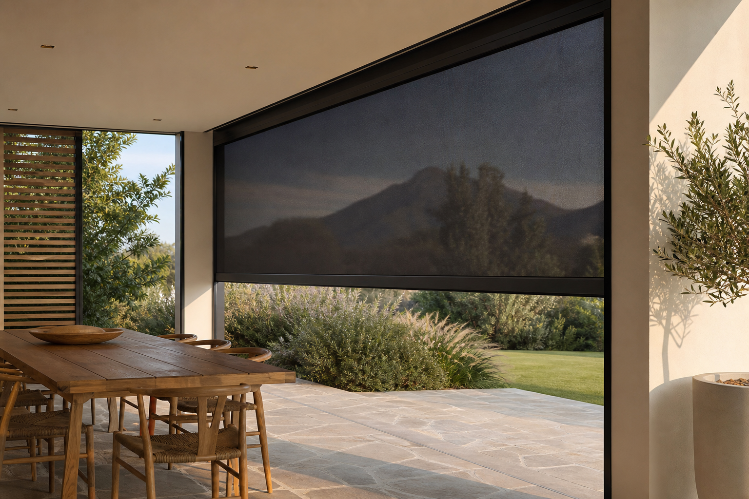 Guided outdoor blinds fitted to a covered South African patio