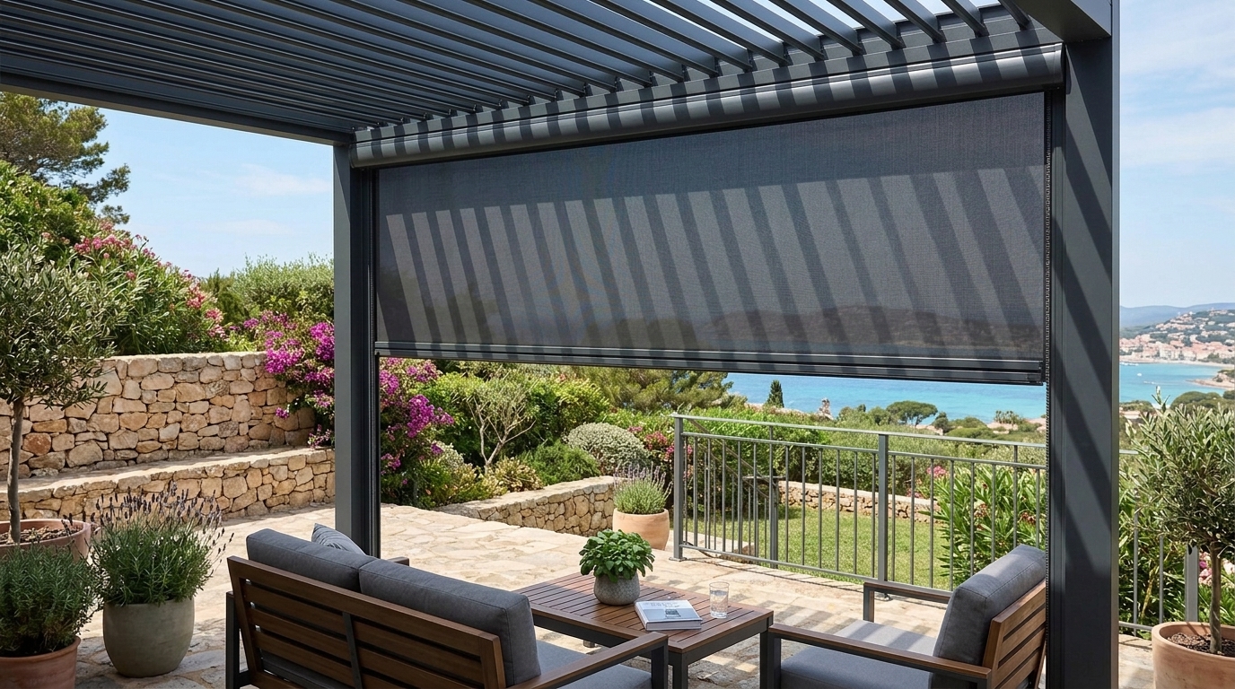 Adjustable aluminium louvre roof above a modern South African patio