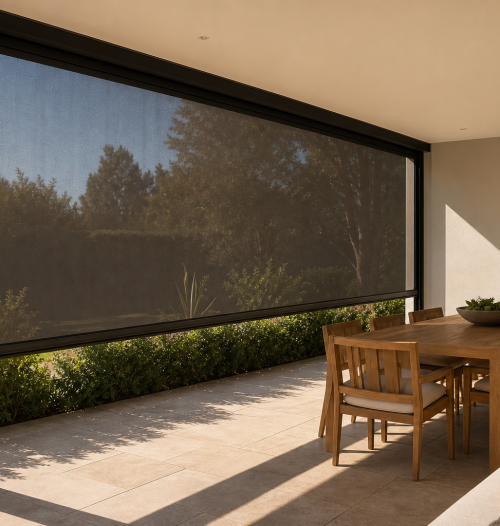 Guided outdoor blinds fitted to a covered South African patio