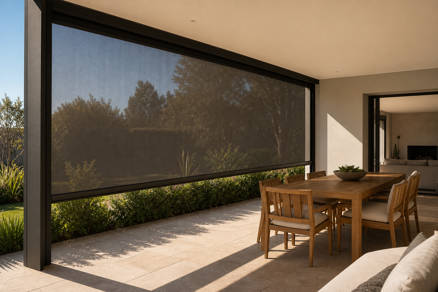 Guided outdoor blinds fitted to a covered South African patio