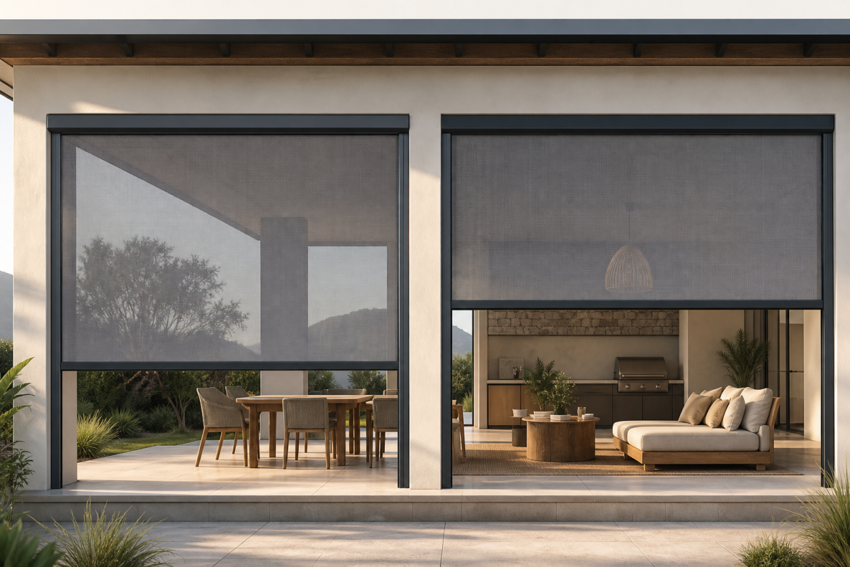 Channel-guided and zip-guided outdoor blinds compared on a modern covered patio
