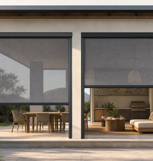 Channel-guided and zip-guided outdoor blinds compared on a modern covered patio