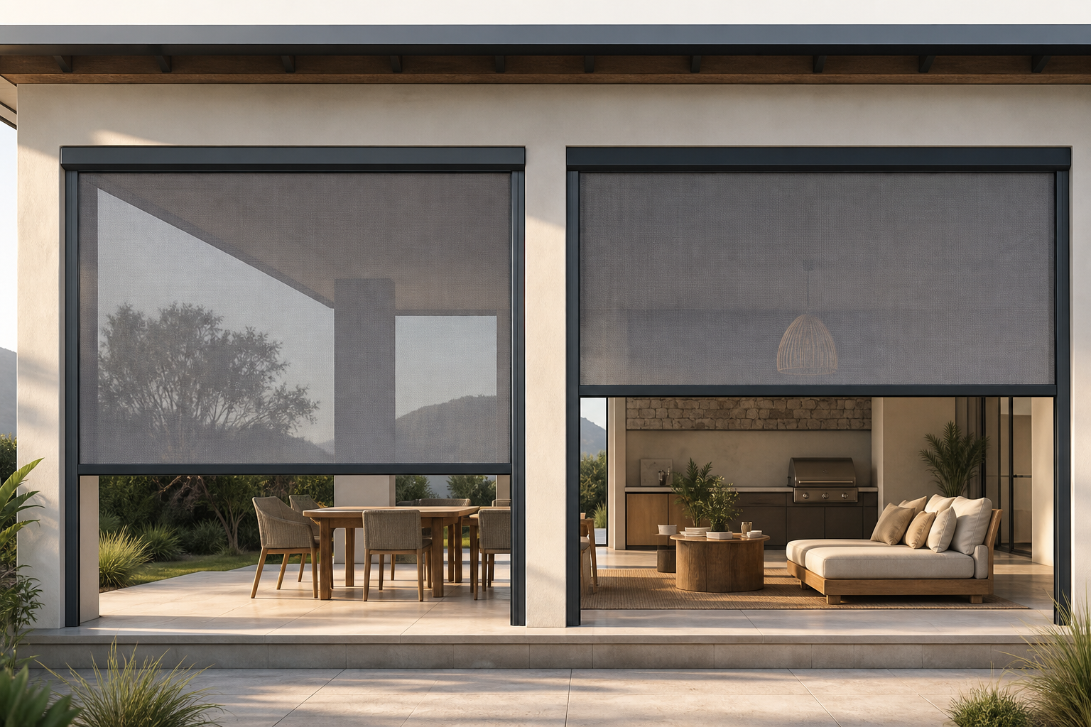 Channel-guided and zip-guided outdoor blinds compared on a modern covered patio