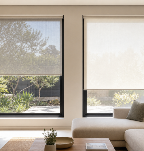 Sunscreen and light-filtering roller blinds compared in a bright interior