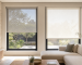 Sunscreen and light-filtering roller blinds compared in a bright interior