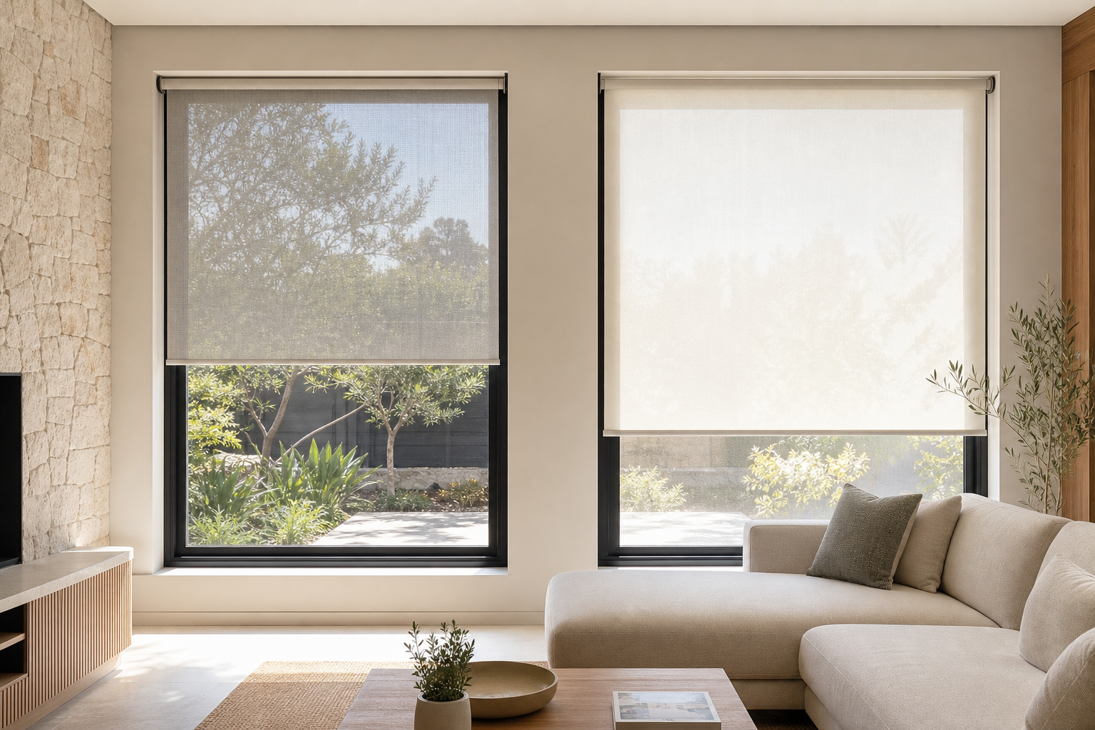 Sunscreen and light-filtering roller blinds compared in a bright interior