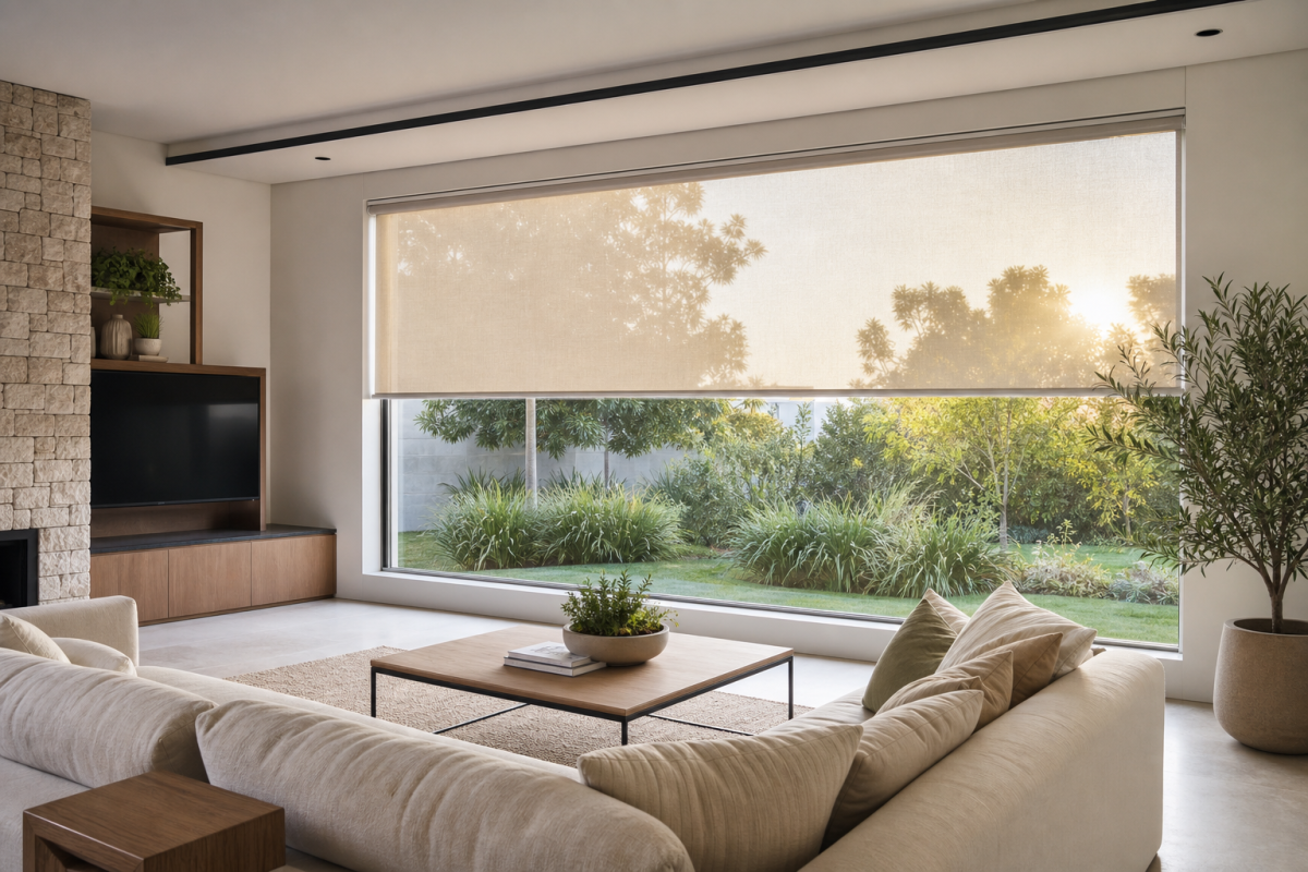 Sunscreen roller blinds controlling glare in a South African living room