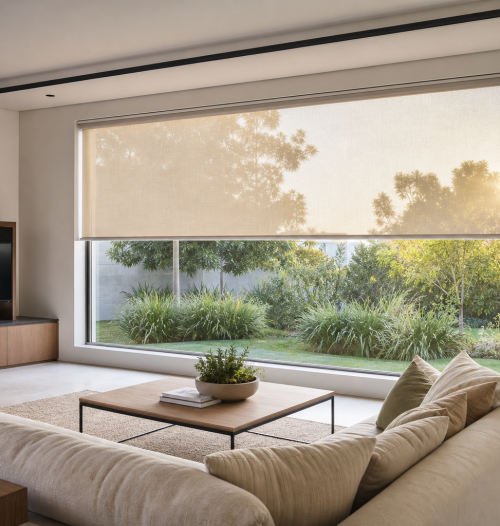Sunscreen roller blinds controlling glare in a South African living room