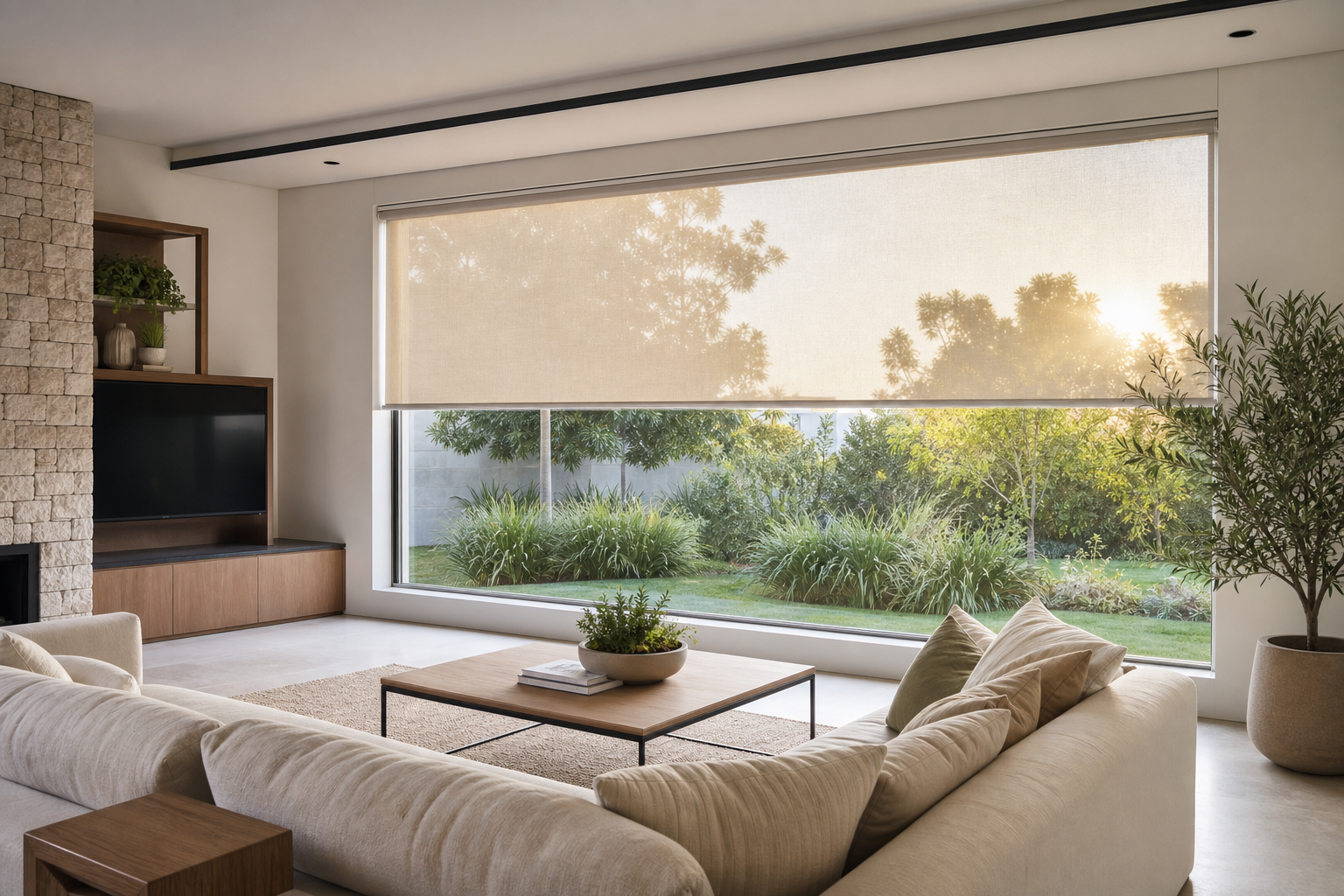 Sunscreen roller blinds controlling glare in a South African living room