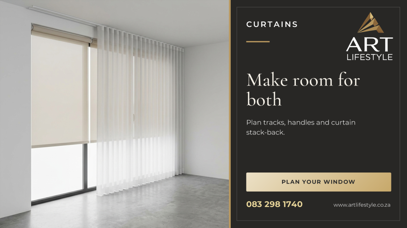 Roller blinds within a window recess and sheer curtains on a separate ceiling track in front.