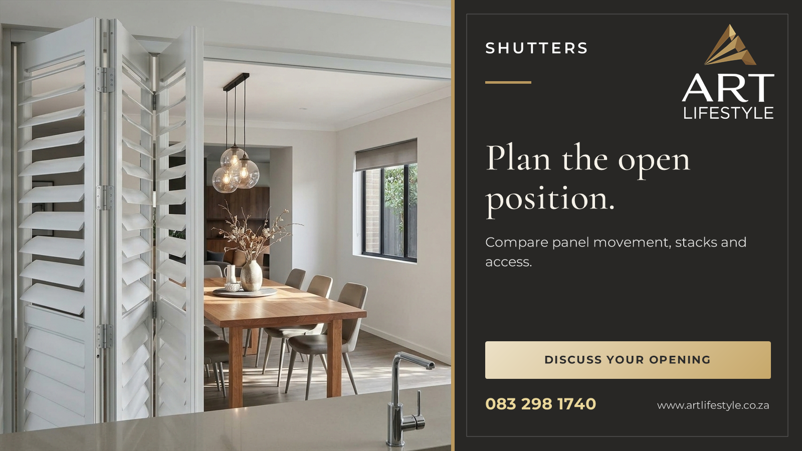 Folded white louvre shutter panels beside a wide interior opening and dining furniture.