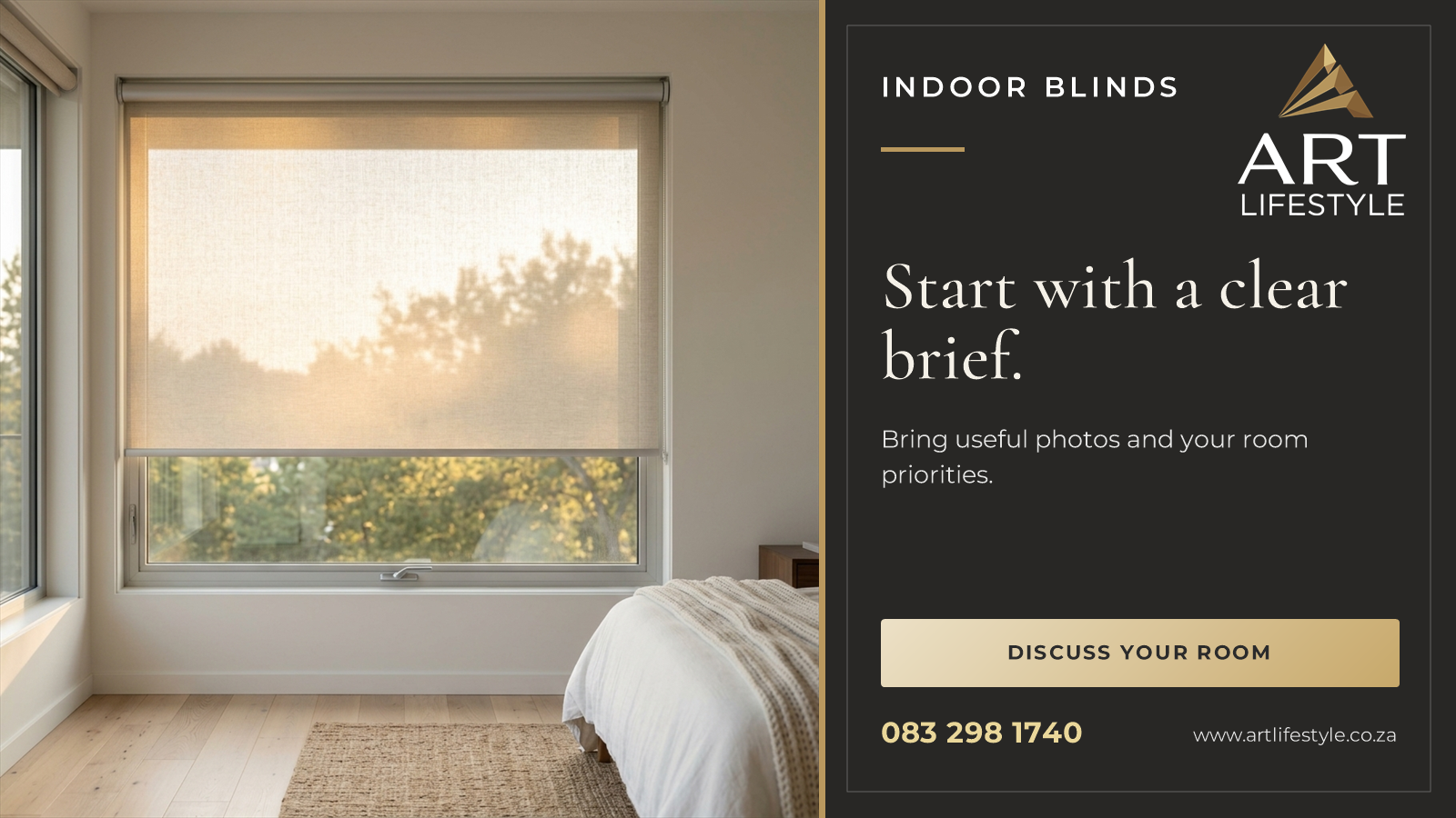 A translucent roller blind partly lowered across a bedroom window, with its frame and recess beside a bed.