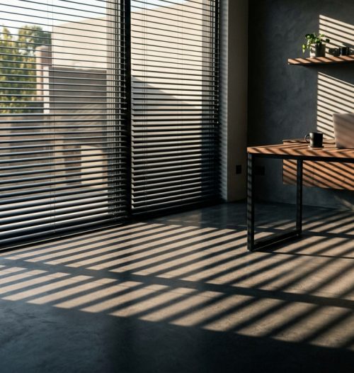 Horizontal window blinds beside a home-office desk and chair