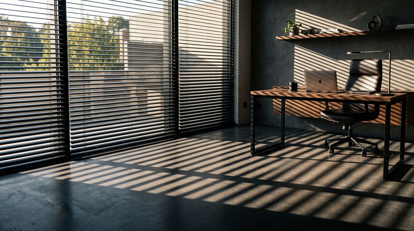 Horizontal window blinds beside a home-office desk and chair