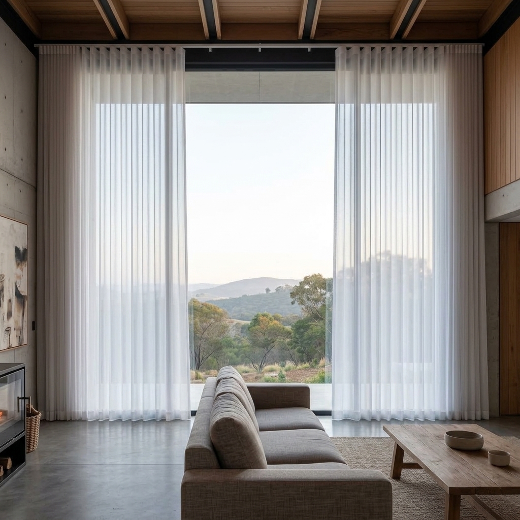 Illustrative example of sheer curtains at a living room window